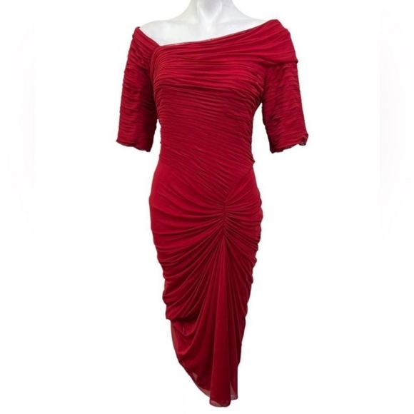 Tadashi Shoji Ruched Draped Pintuck Mesh Asymmetrical Midi Dress in Red XS - Picture 1 of 11